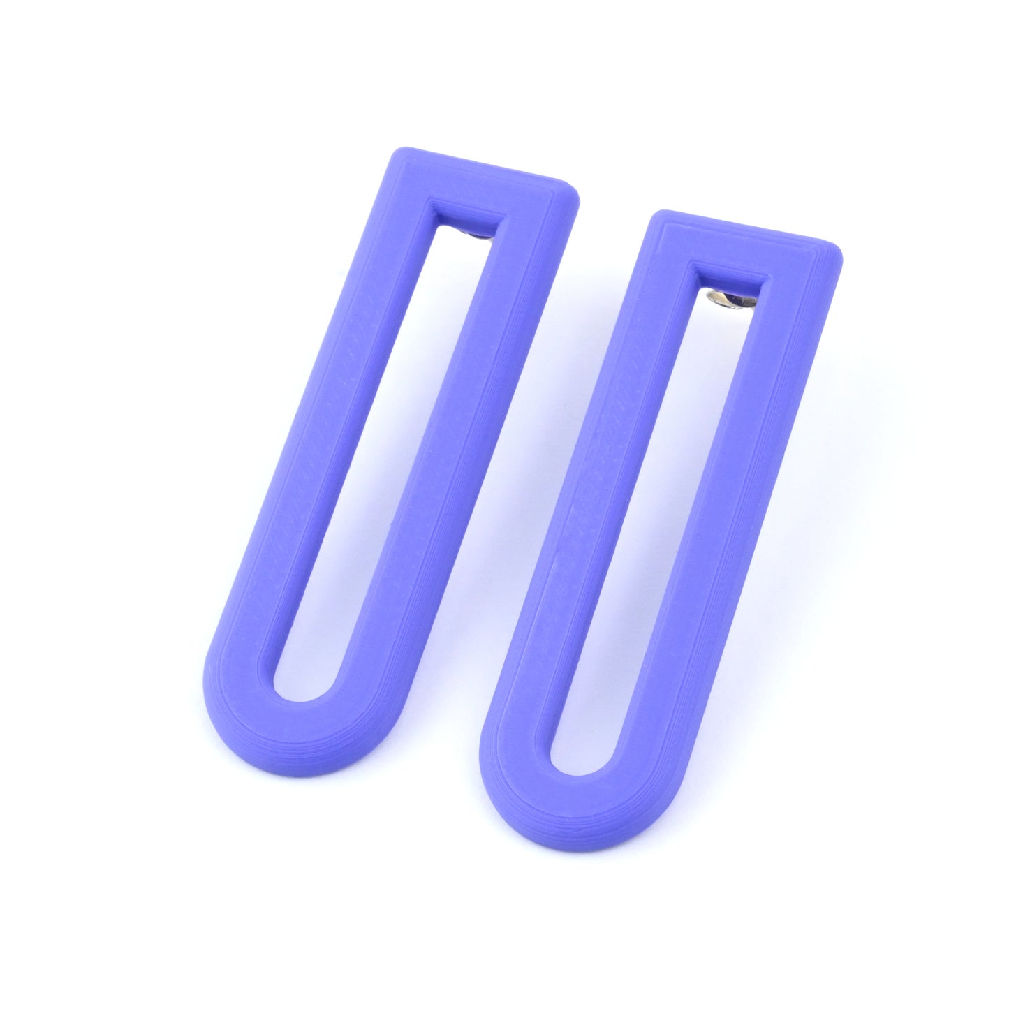 Pair of purple U shaped drop earrings with silver ear posts on a white background