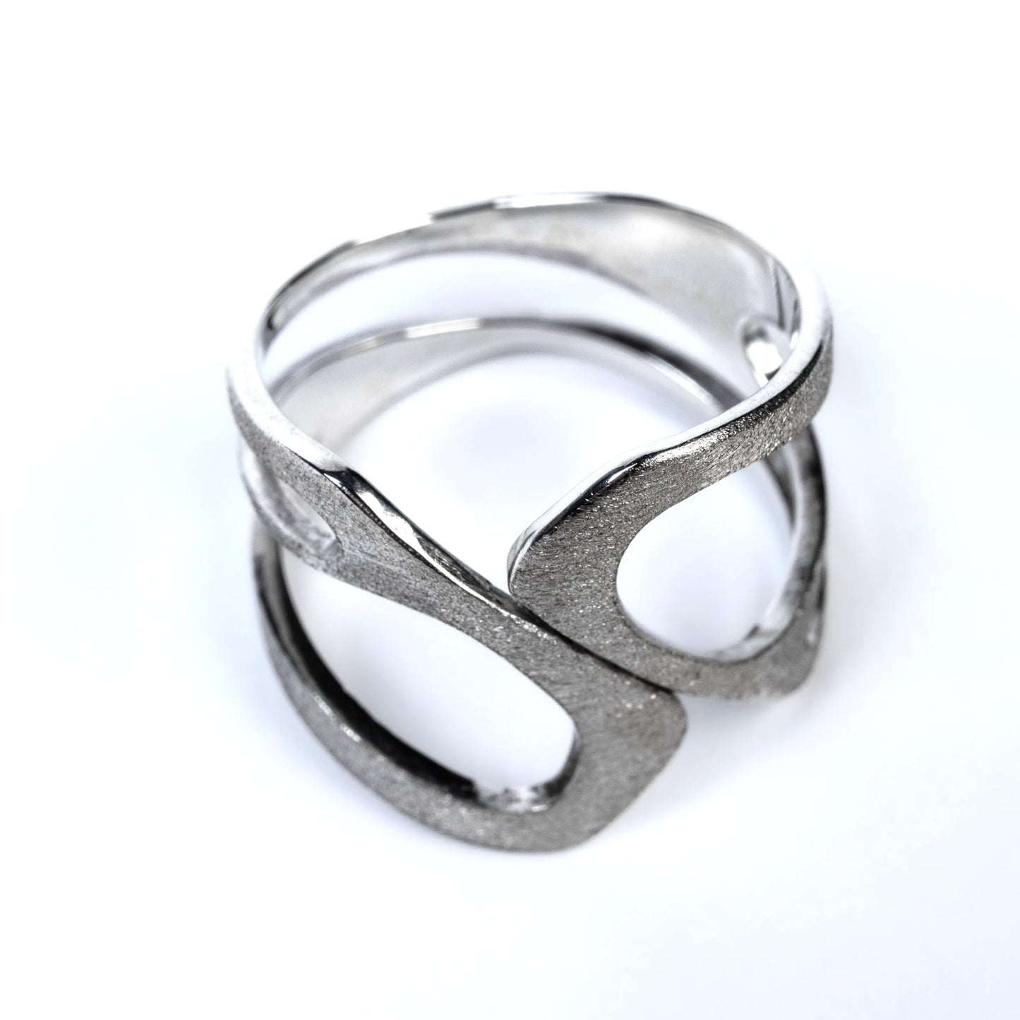 Silver ring with a frosted textured design on a white background