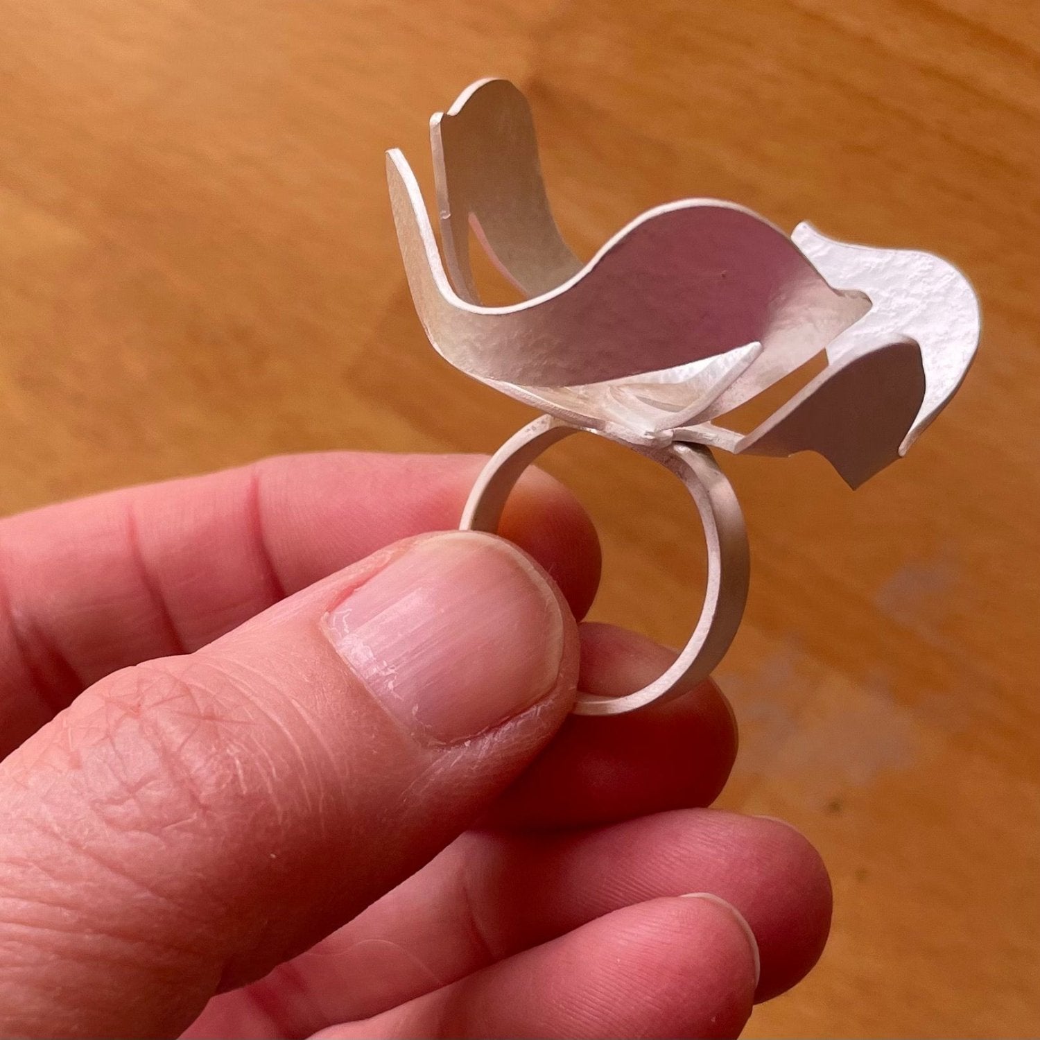 Large statement silver ring held in fingers