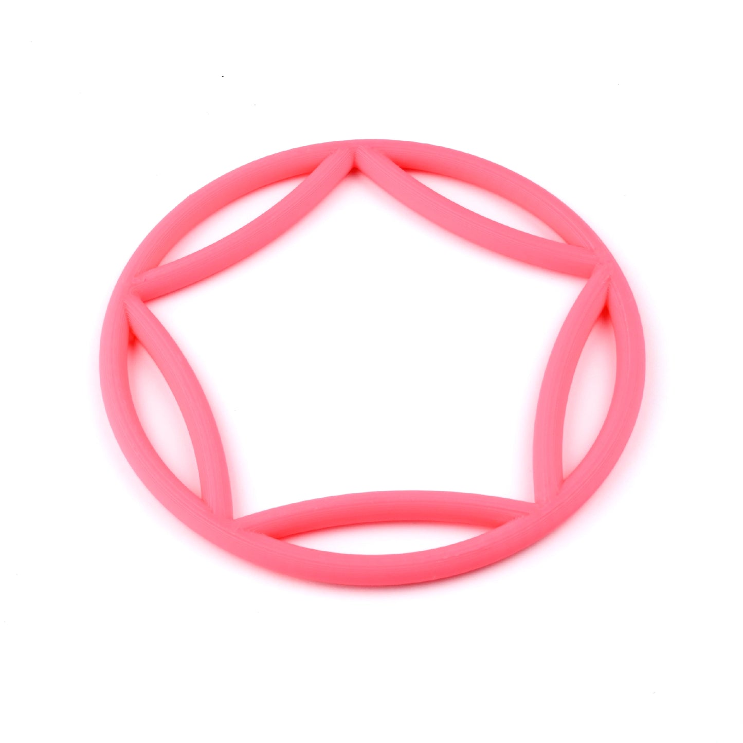 Pink circular bangle with a curved  pentagon interior on a white background