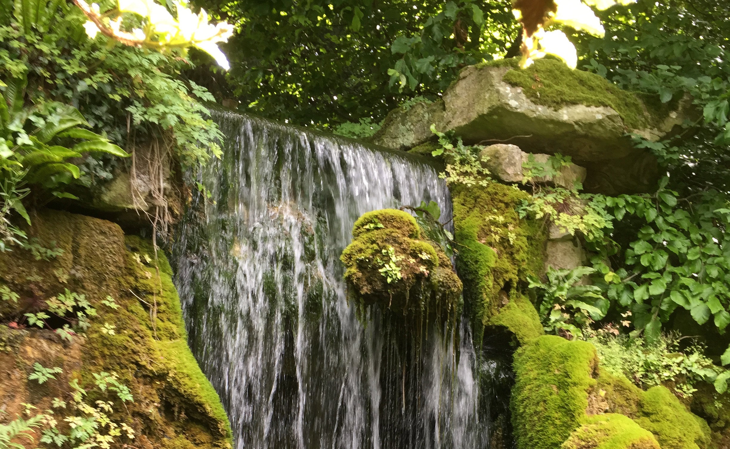 Waterfall surrounded by lush greenery and bright sunlight sky