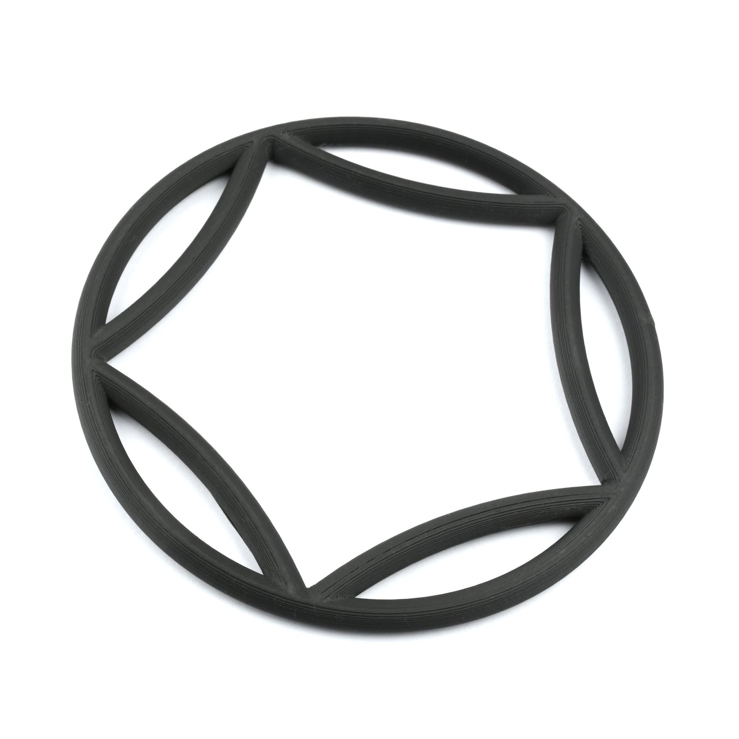 Black bangle with a curved  pentagon interior on a white background