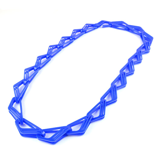 Blue acrylic geometric chain necklace made of interlocking links on a white background