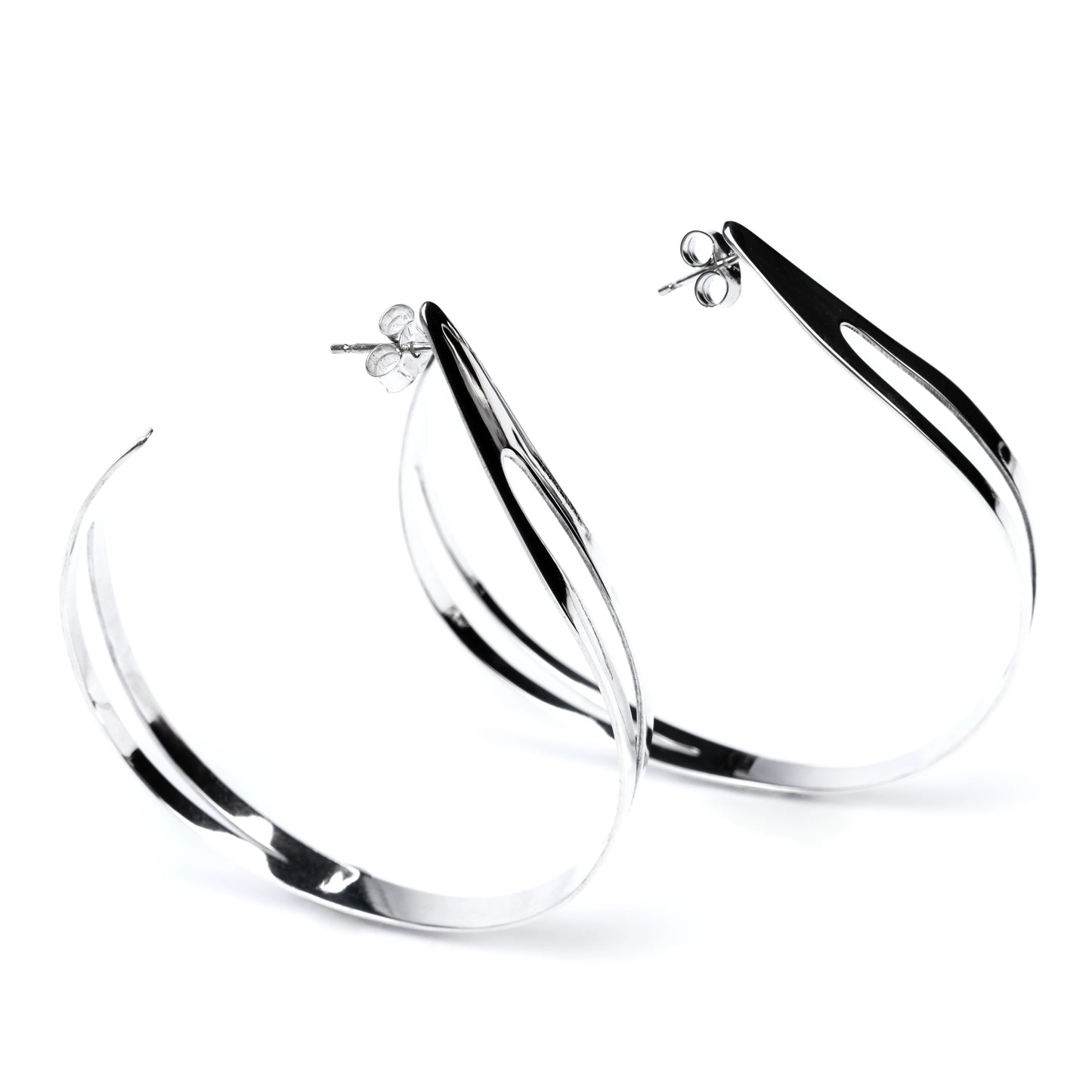 Pair of highly polished silver hoop earrings on a white background