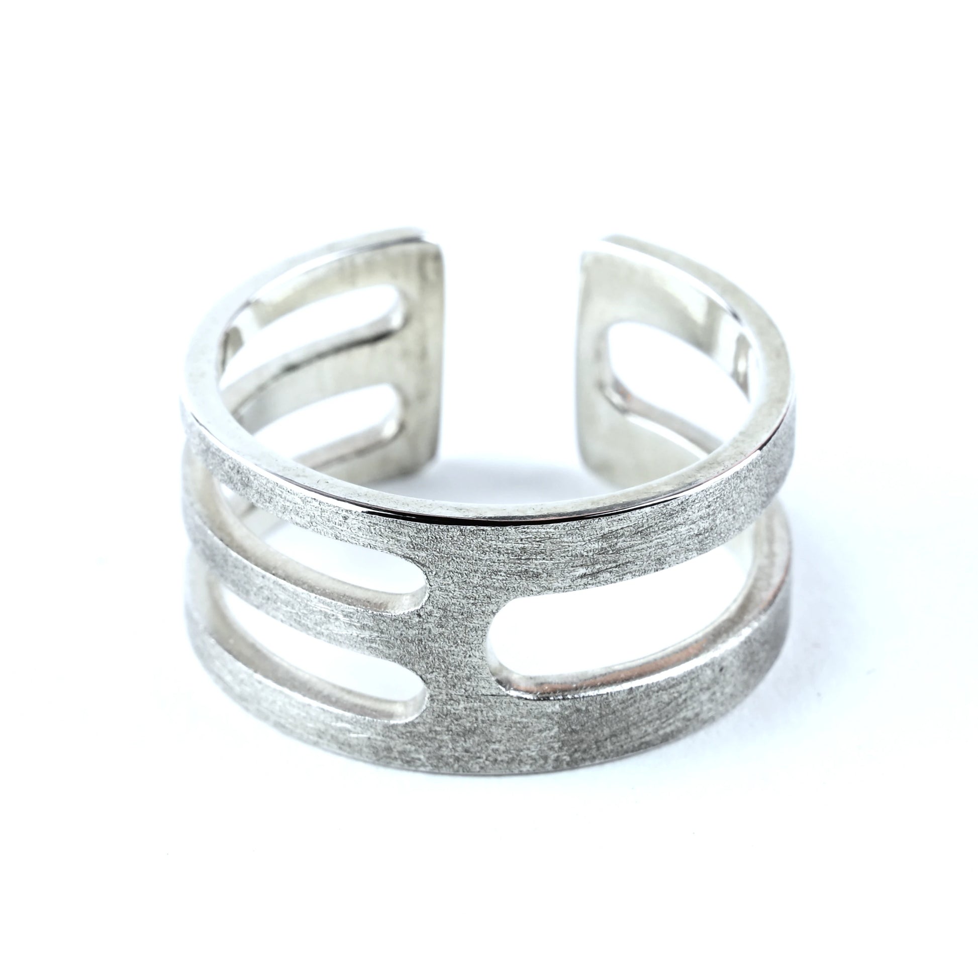 Unique geometric silver mens ring with frosted finish on a white background.