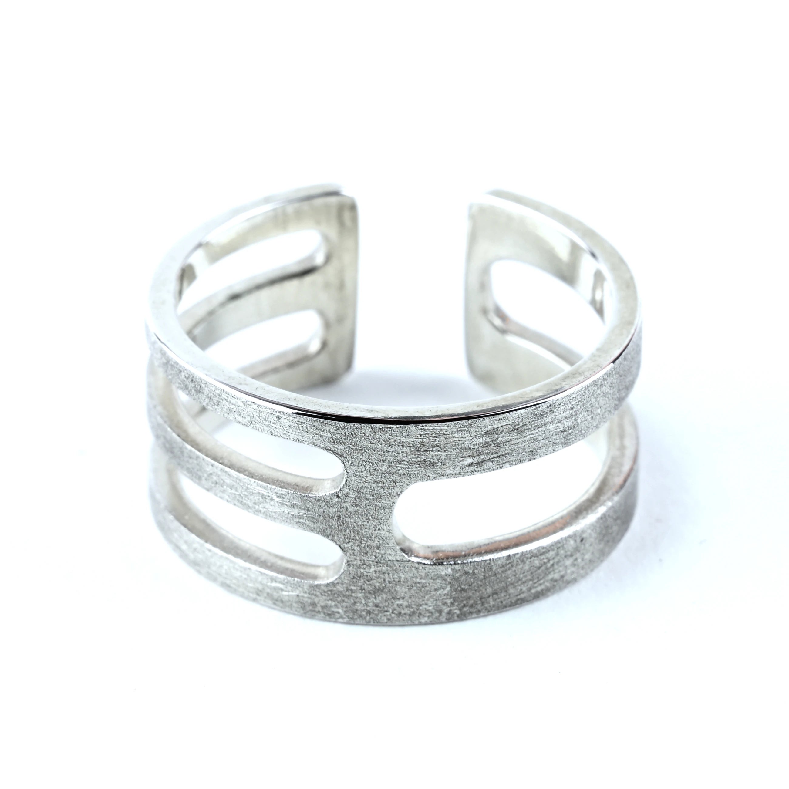 Sterling silver unique geometric mens ring by Roxwoods with frosted finish on a white background.