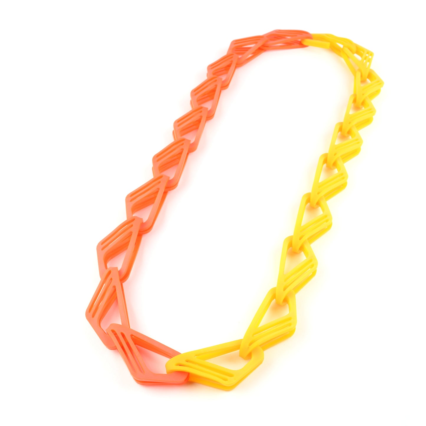 Necklace with orange and yellow geometric links on a white background