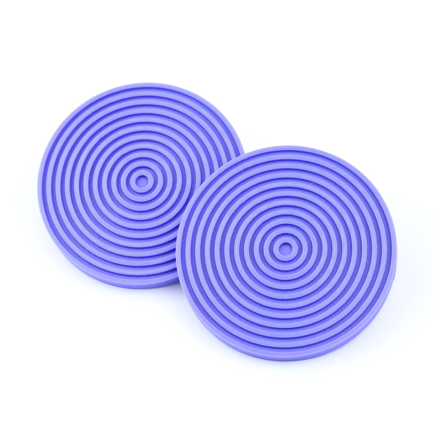 Pair of round purple earrings with concentric circle design on a white background.