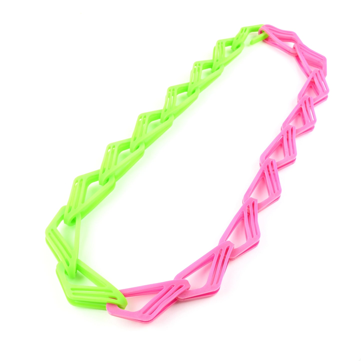 Chunky lime green & pink chain necklace with repeating curved geometric links on a white background