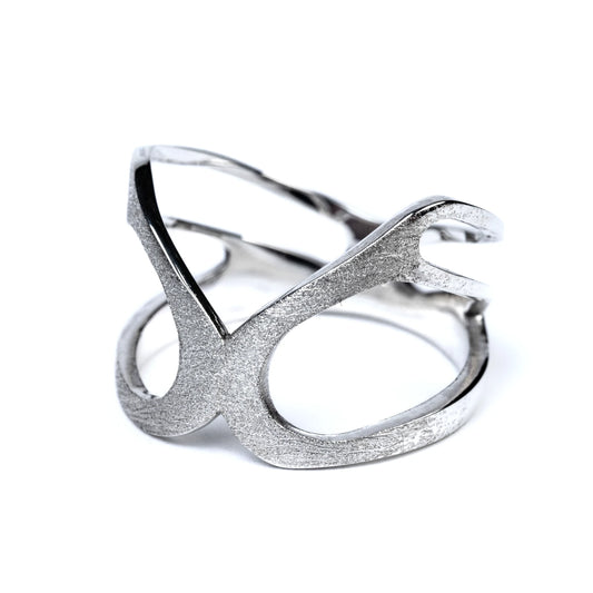 Silver ring with a unique design and sparkly frosted surface on a white background
